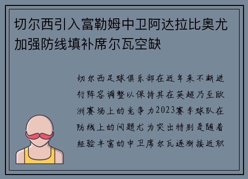 切尔西引入富勒姆中卫阿达拉比奥尤加强防线填补席尔瓦空缺